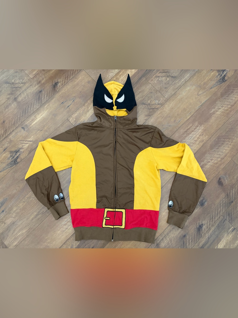 Marvel Brown and Yellow Wolverine Costume Hoodie with Red Belt Accent